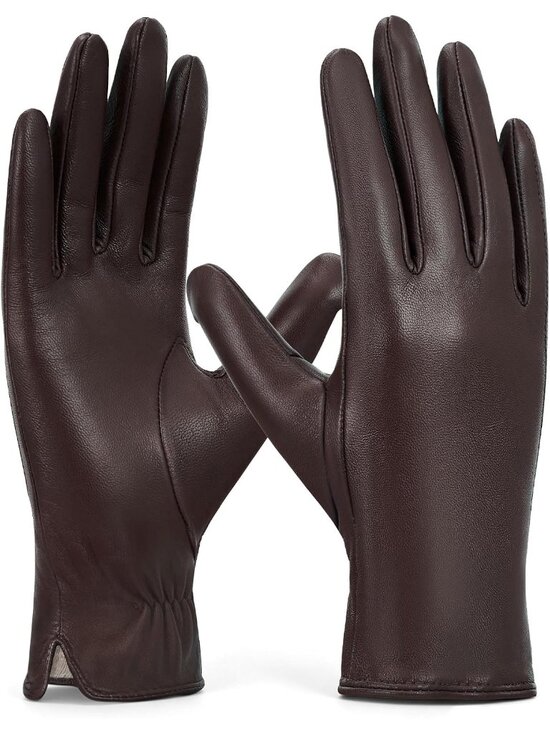 Accessories - Women's Brown Touchscreen Winter Wool Cashmere Lined Sheepskin Leather Gloves
